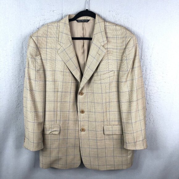Emernegildo Zegna Sport Coat Mens 44R Tan Blue Plaid Windowpane Wool Academi - Picture 1 of 16